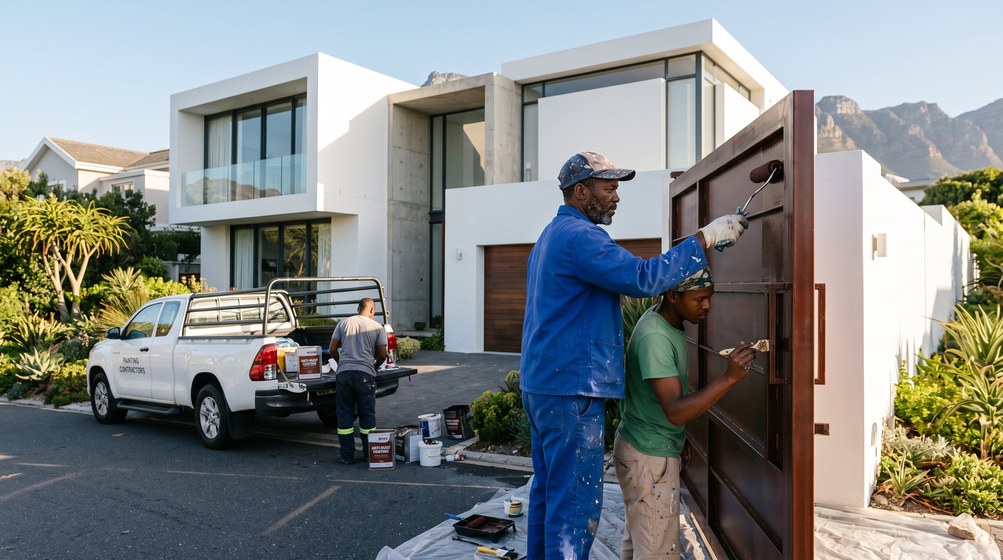 Professional anti-rust coating team applying rust protection to a metal gate in Table View