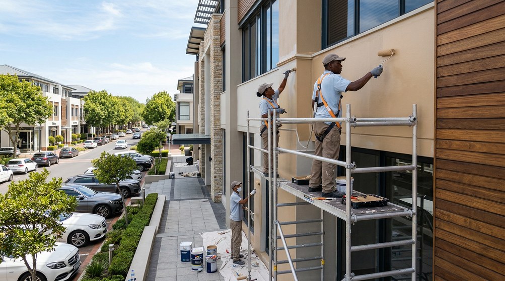 Professional commercial painters on scaffolding painting a building on the Table View
