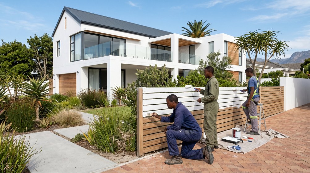 Professional fence painters painting a wooden fence at a Table View home in Table View