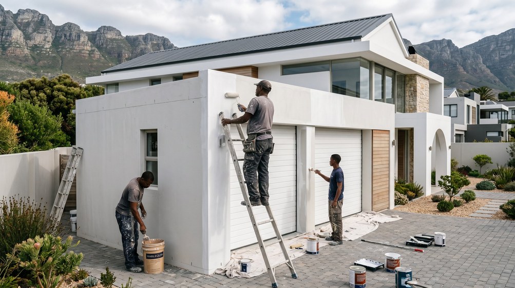 Professional painters painting a double garage exterior and garage doors in Table View