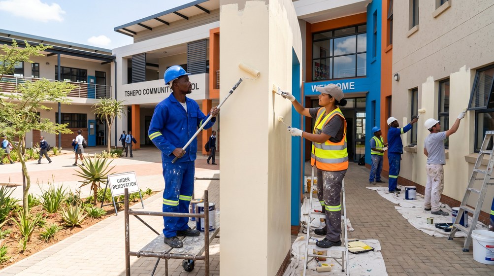 Professional school painting team painting a community school on the Table View